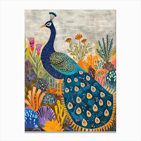 Folky Floral Peacock With The Big Leaves 1 Canvas Print