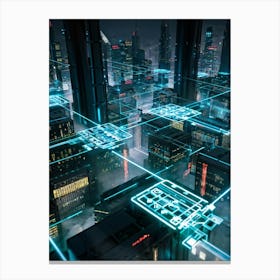 A Futuristic Cityscape Interconnected By Glowing Cyber Security Mesh Networks Represented By Pulsat (4) Canvas Print