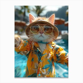 Cool Hololive Production Full Body Character Of A Playful And Cute Female Cat Model Posing In A Casual Summer Beach Outfit With An Abstract Cyanobenthic Print; Near A Blue Swimming Pool, In Motion Toile