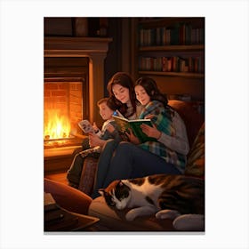 Family Reading A Book Together Nestled On A Sofa Within The Warm Embrace Of A Cozy Room Fireplace (1) 2 Leinwandbild