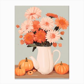 Pitcher With Sunflowers, Atumn Fall Daisies And Pumpking Latte Cute Illustration 2 Canvas Print