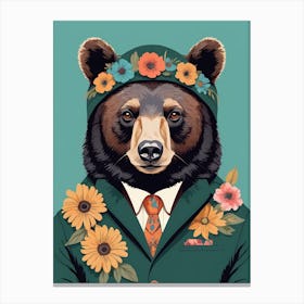 Floral Black Bear Portrait In A Suit (6) Canvas Print
