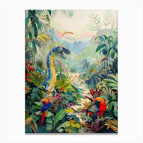 Dinosaur With Wild Birds Colourful Canvas Print
