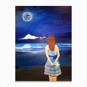 Once In A Blue Moon Girl On Beach At Night Canvas Print