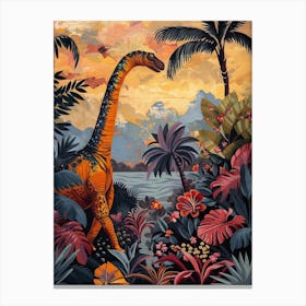 Dinosaur In Tropical Leaves Warm Tones Painting Canvas Print