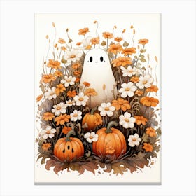 Cute Bedsheet Ghost, Botanical Halloween Watercolour 82 Canvas Print