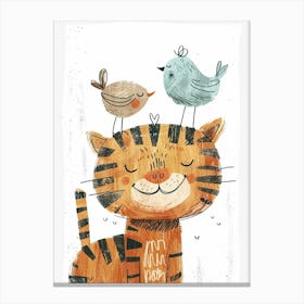 Small Joyful Tiger With A Bird On Its Head 12 Canvas Print