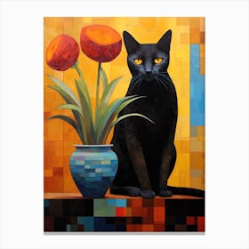 Black Cat With Tulips 2 Canvas Print