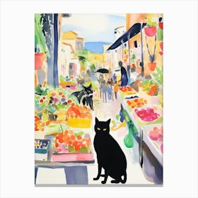 Food Market With Cats In Positano 3 Watercolour Canvas Print
