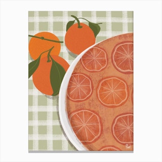 Orange Cake On Green Tablecloth Canvas Print