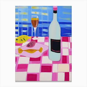 Painting Of A Table With Food And Wine, French Riviera View, Checkered Cloth, Matisse Style 5 Canvas Print