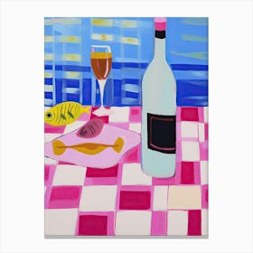 Painting Of A Table With Food And Wine, French Riviera View, Checkered Cloth, Matisse Style 5 Stampe su tela