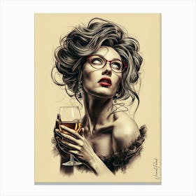 Lady With A Glass Of Wine Pencil Sketch Canvas Print