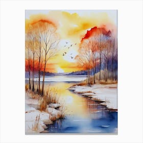 Winter Sunset Watercolor Painting 1 Canvas Print