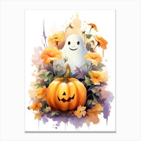 Cute Ghost With Pumpkins Halloween Watercolour 12 Canvas Print