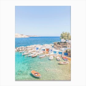 Milos, Greece I Colorful fishing village Mandrakia photography with paradise turquoise water beach in Cyclades with typical white and blue architecture and a magnificent view of the Mediterranean sea ocean Canvas Print