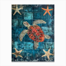 Sea Turtle & Star Fish Textured Collage 3 Canvas Print