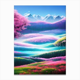 Pink Flowers And Mountains Canvas Print