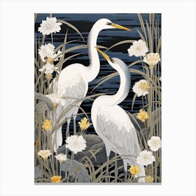 Cranes And Japanese Water Iris Vintage Japanese Botanical Canvas Print