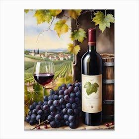 Vines,Black Grapes And Wine Bottles Painting (19) Canvas Print