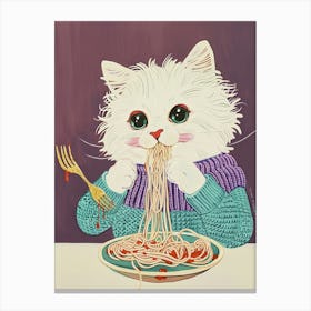 White Cat Pasta Lover Folk Illustration 3 Canvas Print