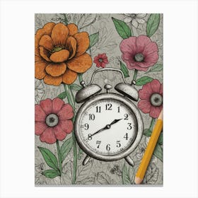 Clock And Flowers Canvas Print