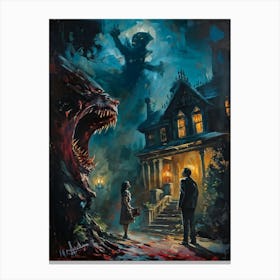 Showcasing A Startling Array Of Vintage Horror Art The Scene Unveils A Chaotic Amalgamation Of Thri (3) Canvas Print