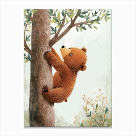 Brown Bear Cub Climbing A Tree Storybook Illustration 2 Canvas Print