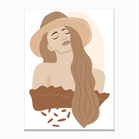 Portrait of a Woman with hat Beige Boho Canvas Print