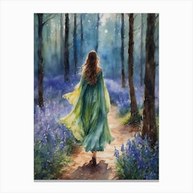Fairytale Woman in Bluebell Woods ~ Spring Maiden Walking Away in Moonlit Forest, Witchy Full Moon Art, Pagan Painting, Woods Witches, Enchanted forest mysterious darkling stroll in magical Ostara Artwork ~ Dreamy Watercolor Brunette Girl Facing Away Leaving Everything Behind Spiritual Awakening Healing Yoga Meditation Tarot Heart Chakra Canvas Print