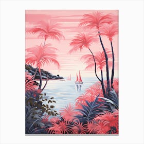 An Illustration In Pink Tones Of  Of Sailboats And Fern Vines 4 Canvas Print