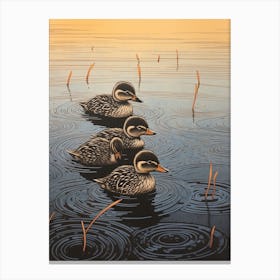 Ducklings In The Water Japanese Woodblock Style 4 Canvas Print