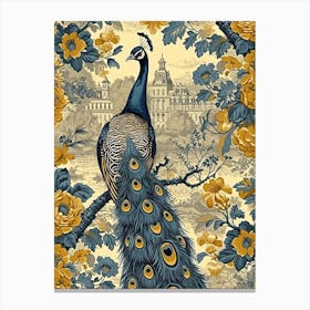 Mustard & Blue Peacock With A Palace Floral Canvas Print