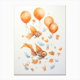 Fish Flying With Autumn Fall Pumpkins And Balloons Watercolour Nursery 4 Canvas Print