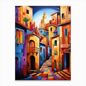 Streets of Fairytale III, Abstract Vibrant Colorful Painting in Cubism Style Canvas Print