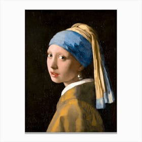 "Girl with a Pearl Earring" by Johannes Vermeer (Dutch Golden-Age Artist), painted around 1665. Often called the "Mona Lisa of the North," this painting has a way of pulling you in with its quiet mystery. It’s not a traditional portrait but a "tronie" —a study of a character — featuring a young woman dressed in an exotic turban and wearing an oversized pearl earring. Her gaze feels alive, her slightly parted lips as if she’s about to speak. Vermeer’s incredible use of light and shadow makes her almost step out of the dark background, while the pearl itself shimmers with lifelike detail. This piece has fascinated viewers for centuries, even inspiring a film that imagines the story behind it. Today, the masterpiece resides in the Mauritshuis museum in The Hague, Netherlands, where it continues to captivate audiences from around the world. Canvas Print