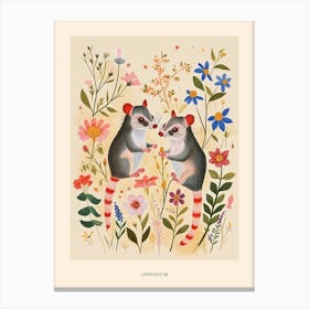 Folksy Floral Animal Drawing Oppossum Poster Canvas Print