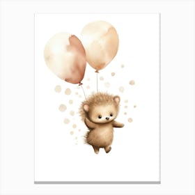 Baby Hedgehog Flying With Ballons, Watercolour Nursery Art 3 Canvas Print