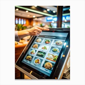 A Person Uses A Touchscreen Kiosk To Order Food At A Restaurant Canvas Print