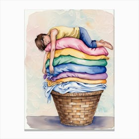 Child Sleeping On A Pile Of Laundry Canvas Print