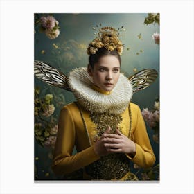 Regal Bee Human Hybrid Portrait Bee Wings Unfolding Golden Crown Embellished With Jewel Like Flow Canvas Print