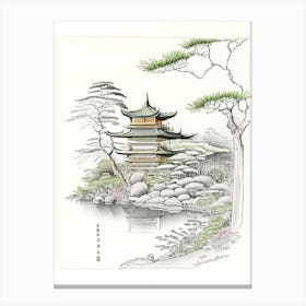 Ginkaku Ji, Japan Vintage Pencil Drawing Canvas Print