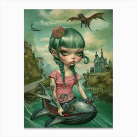 Girl riding whale, vintage art print Canvas Print