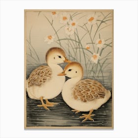 Ducklings With The Daffodils Japanese Woodblock Style Canvas Print