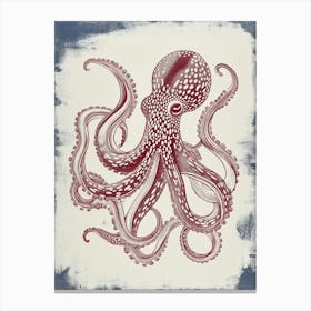 Retro Red Navy Octopus Linocut Style 2 Canvas Print