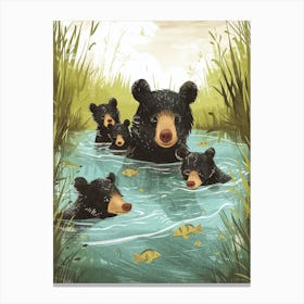 American Black Bear Family Swimming In A River Storybook Illustration 3 Canvas Print
