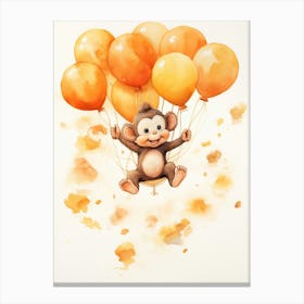 Monkey Flying With Autumn Fall Pumpkins And Balloons Watercolour Nursery 3 Canvas Print