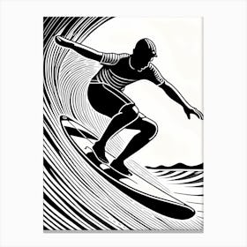 Linocut Black And White Surfer On A Wave art, surfing art, 238 Canvas Print