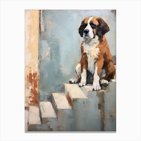 Saint Bernard Dog, Painting In Light Teal And Brown 3 Canvas Print