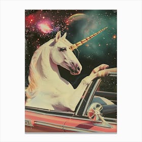 Unicorn Driving A Retro Car In Space 1 Canvas Print